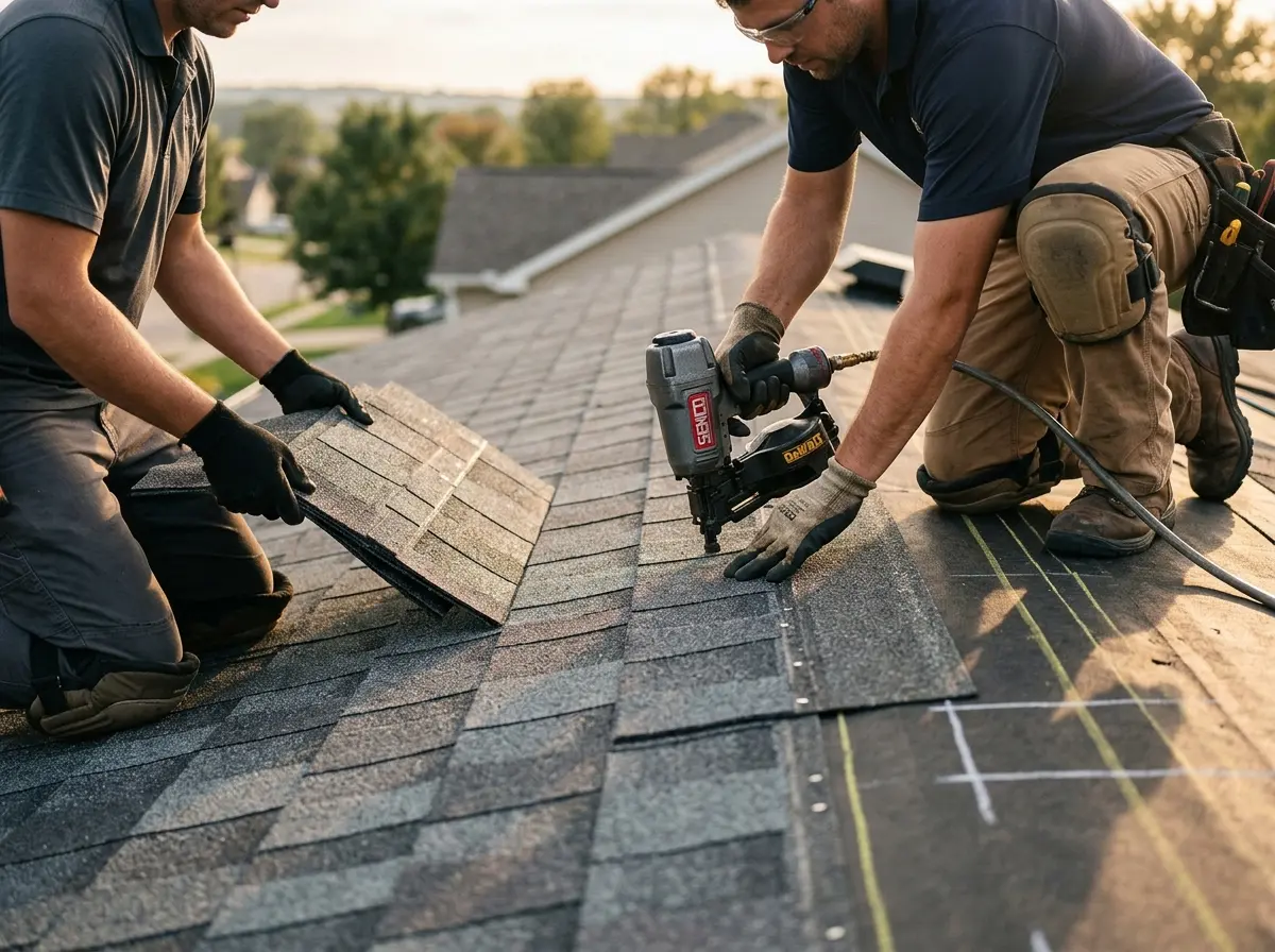 Professional roofer working on a residential roof in East Bridgewater